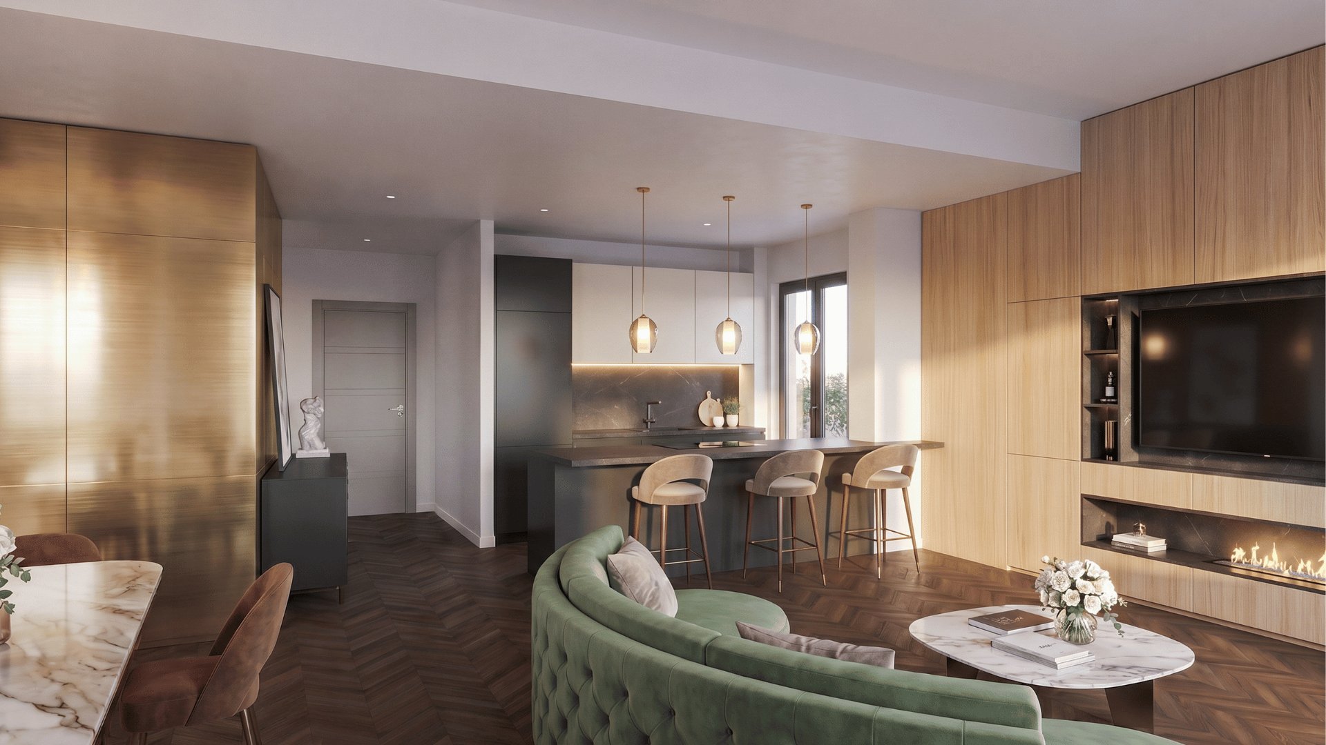 Living con boiserie in ottone e cucina