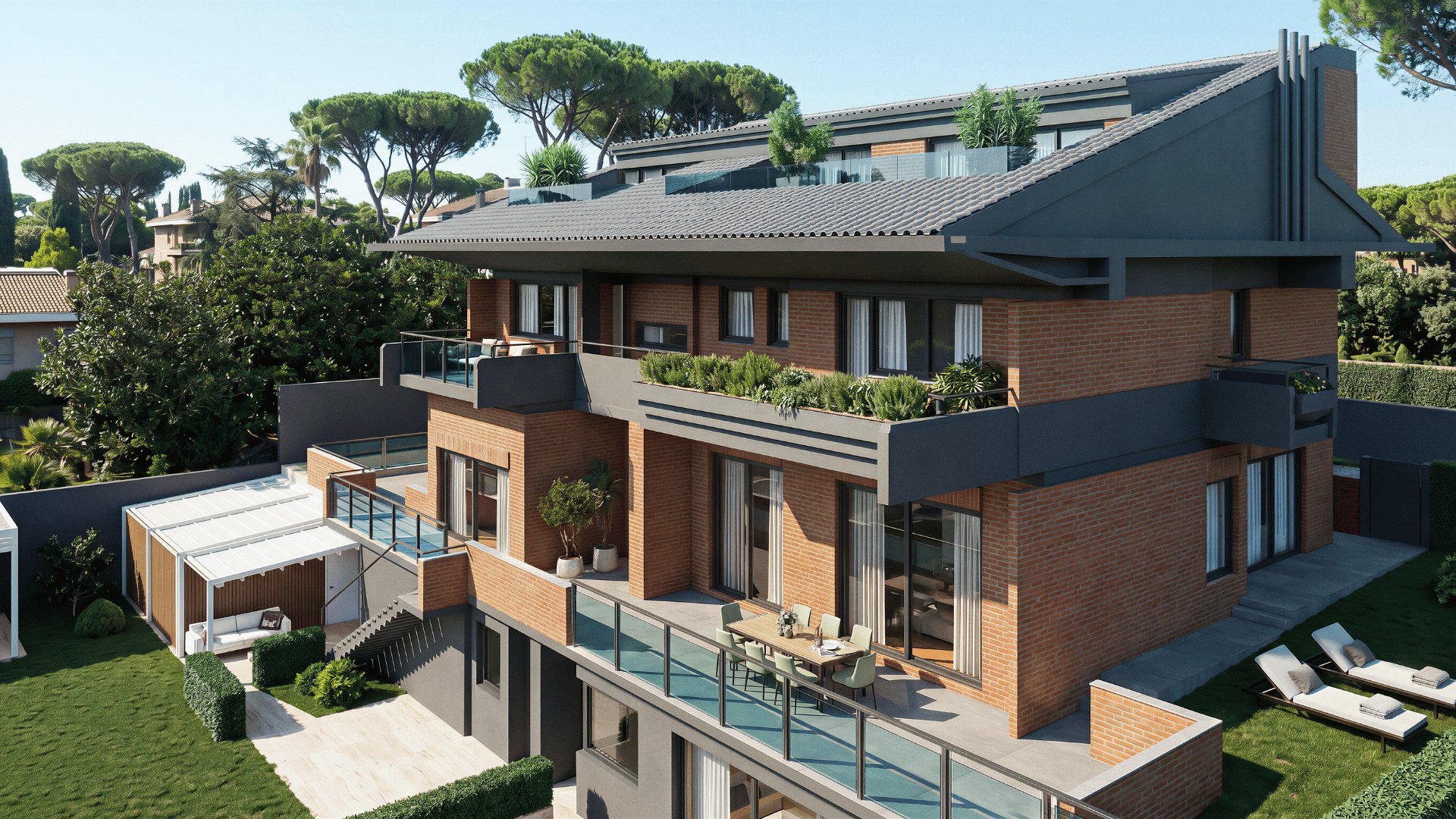 Vista aerea Villa del Casaletto — terrazze e giardino