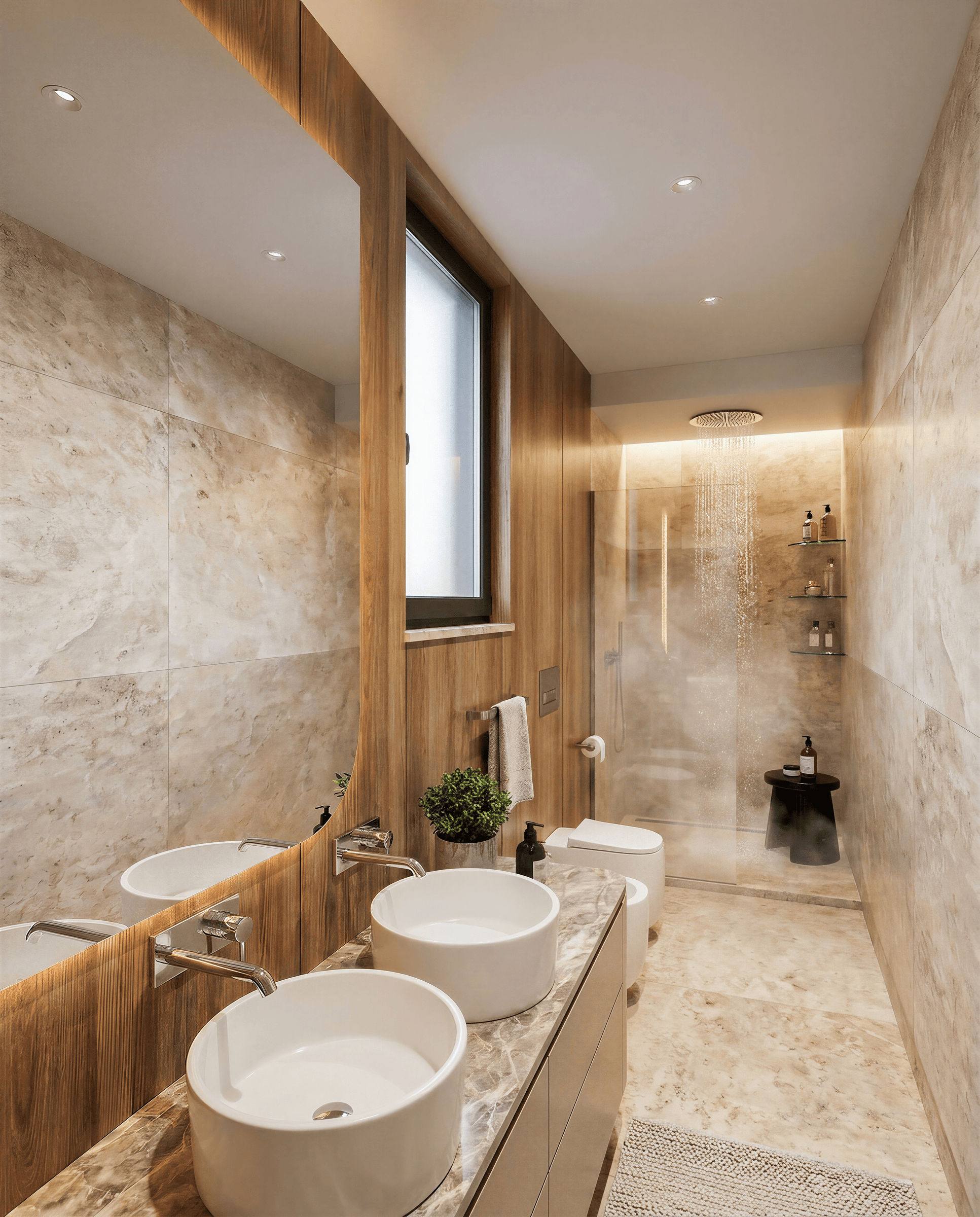 Int. 05 — Bagno in travertino con doccia